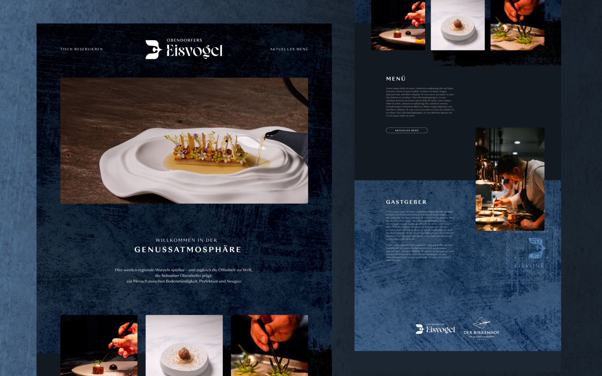 Website eines Restaurants mit elegantem Layout. Zeigt kunstvoll angerichtete Speisen und einen Koch bei der Arbeit. Text: 